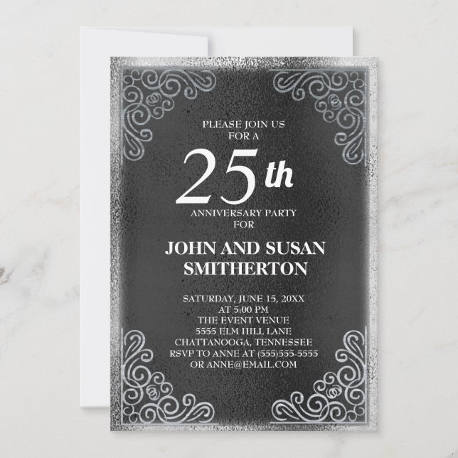 Elegant Black Silver 25th Wedding Anniversary Invitation (Front)