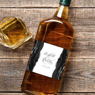 Elegant Black Silver Agate Wedding Liquor Bottle Label