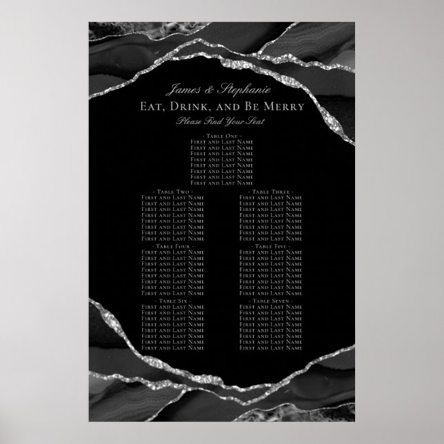 Elegant Black Silver Agate Wedding Seating Chart (Front)