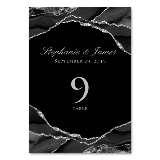 Elegant Black Silver Agate Wedding Table Number (Front)