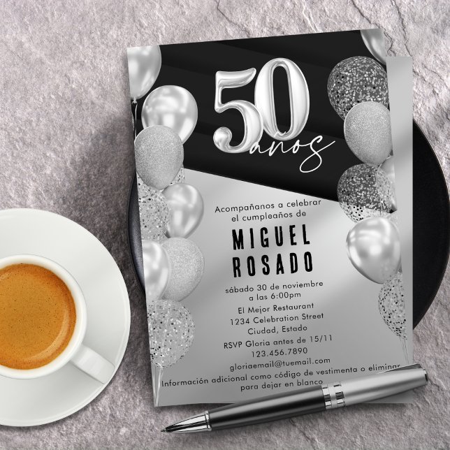 Elegant Black Silver Balloons 50th Birthday Party Invitation (Creator Uploaded)