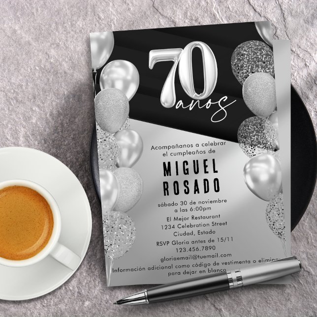Elegant Black Silver Balloons 70th Birthday Party Invitation (Creator Uploaded)