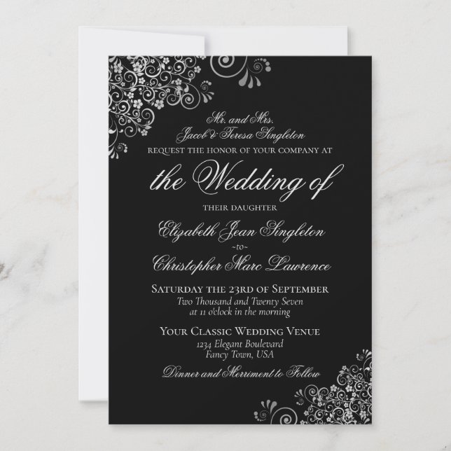 Elegant Black & Silver Classic Formal Wedding Invitation (Front)
