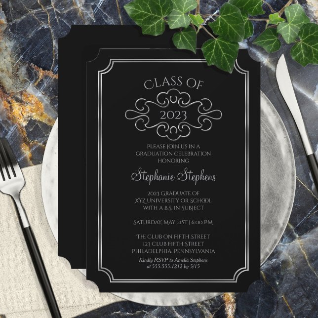 Elegant Black |Silver College Graduation Party Invitation (Creator Uploaded)