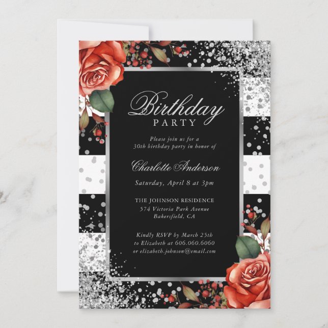 Elegant Black Silver Confetti Red Rose Birthday Invitation (Front)