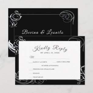 Elegant Black Silver Curls Wedding Dinner Choice RSVP Card