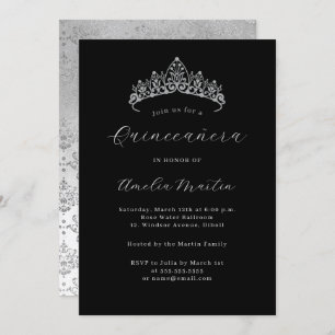 Elegant Black Silver Damask Tiara Quinceanera  Invitation