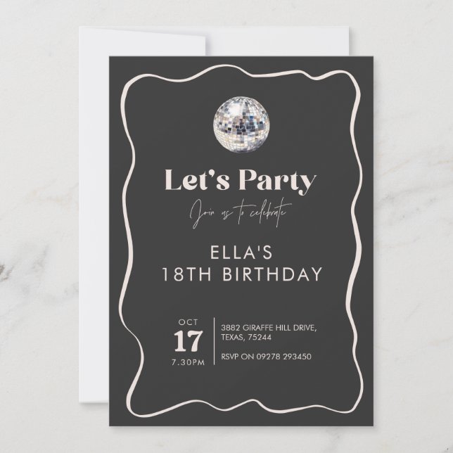Elegant Black & Silver Disco Ball 18th Birthday Invitation (Front)