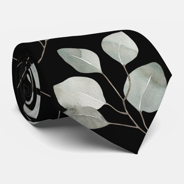 Elegant Black Silver Dollar Eucalyptus Wedding Tie (Rolled)