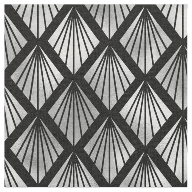 Elegant Black Silver Fan Diamond Art Deco Fabric (Close Up)