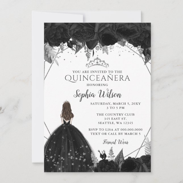 Elegant Black Silver Floral Princess Quinceañera  Invitation (Front)