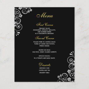 Elegant Black Silver Floral Swirls Wedding Menu