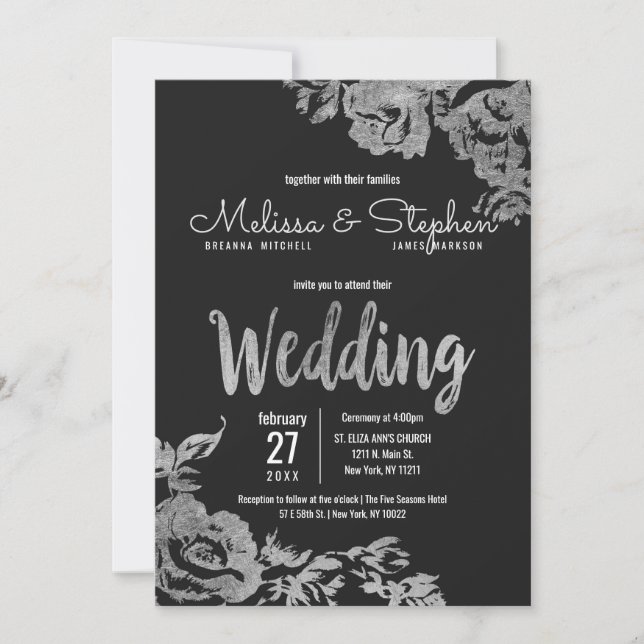 Elegant Black Silver Floral Wedding Invitation (Front)