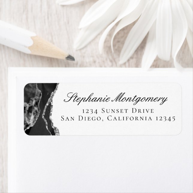 Elegant Black Silver Foil Agate Return Address (Insitu)