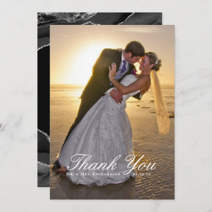 Elegant Black Silver Foil Agate Wedding Photo Thank You Card