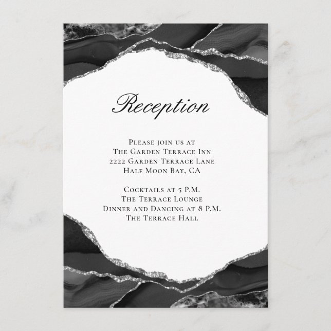 Elegant Black Silver Foil Agate Wedding Reception Enclosure Card (Front)