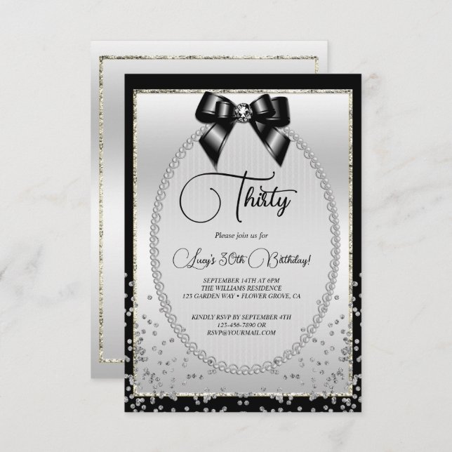 Elegant Black, Silver Gem Bow & Confetti Birthday Invitation (Front/Back)