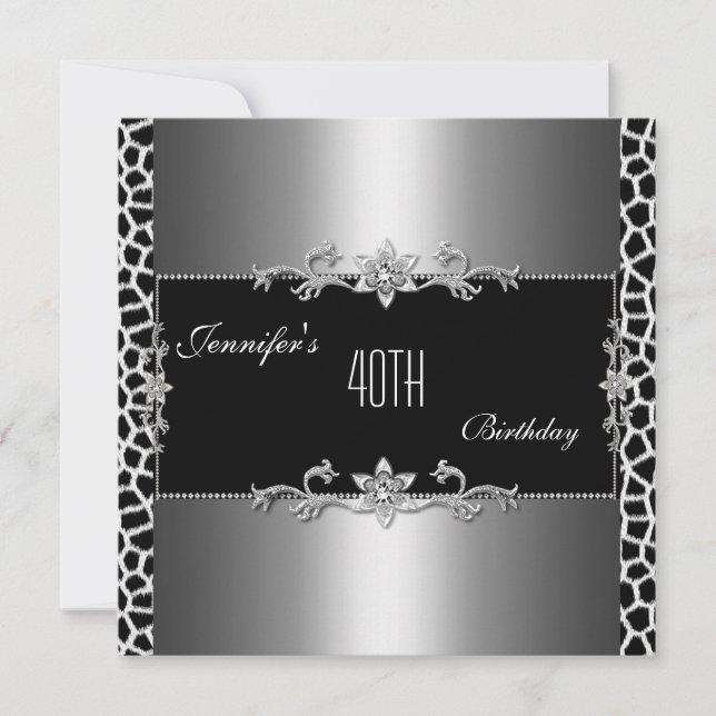Elegant Black Silver Giraffe Print Jewel 40th Invitation (Front)