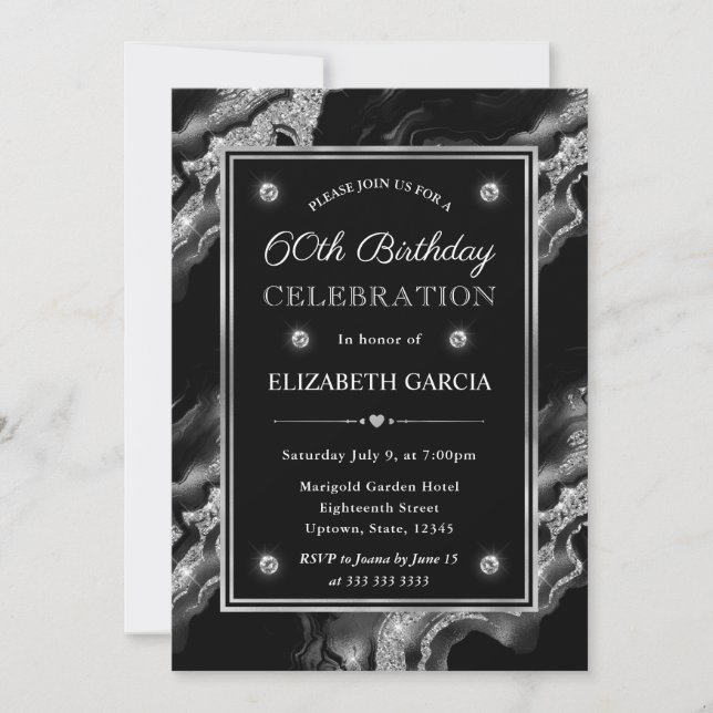 Elegant Black & Silver Glitter Agate 60th Birthday Invitation (Front)