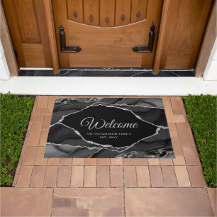 Elegant Black Silver Glitter Agate Personalised Doormat