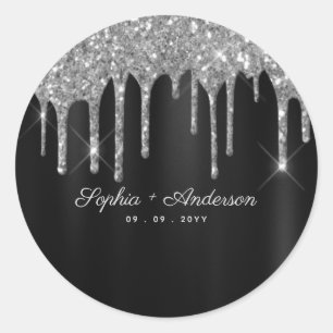 Elegant Black & Silver Glitter Drip Custom  Classic Round Sticker