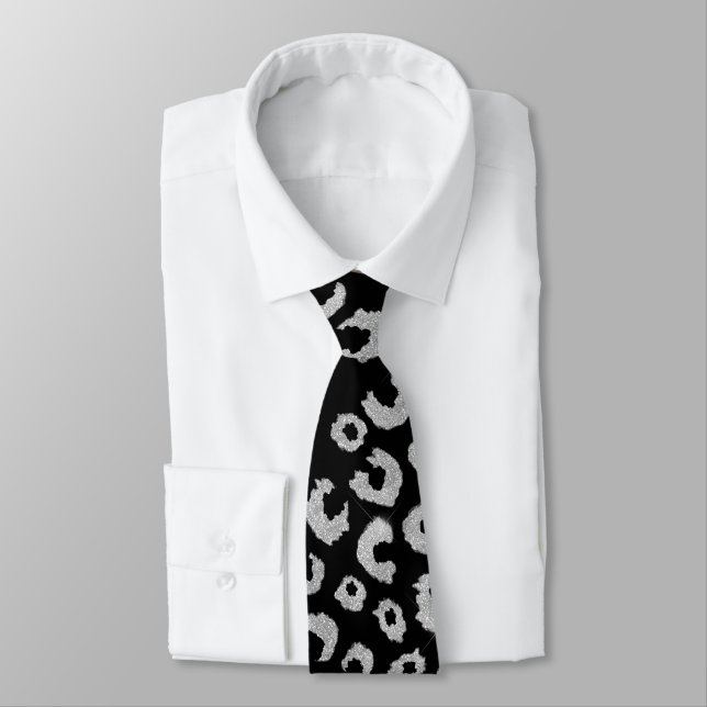 Elegant Black Silver Glitter Leopard Animal Print Tie (Tied)