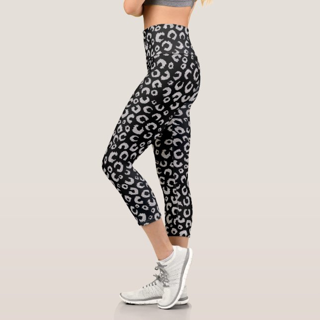 Elegant Black Silver Glitter Leopard Pattern Capri Leggings (Left)