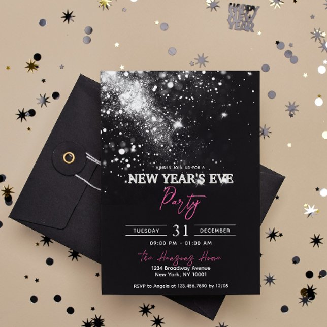 Elegant Black Silver Glitter New Year's Eve Party Invitation (Creator Uploaded)