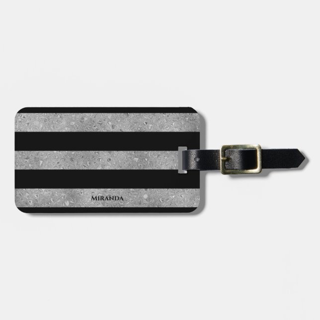 Elegant Black Silver Glitter Striped Luggage Tag (Front Horizontal)