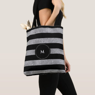 Elegant Black Silver Glitter Striped Monogram Tote Bag