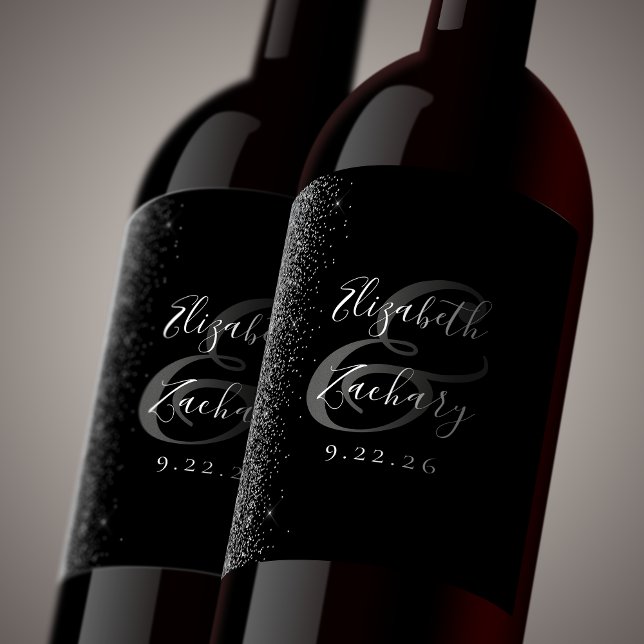Elegant Black Silver Glitter Wedding Wine Label (Creator Uploaded)