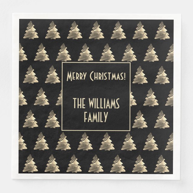 Elegant Black Silver Gold Christmas Tree Pattern Napkin (Front)
