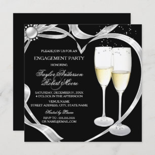 Elegant Black Silver & Gold Engagement Party Invitation