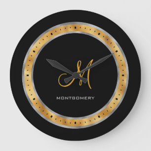 Elegant Black Silver Gold Foil Custom Monogram Large Clock