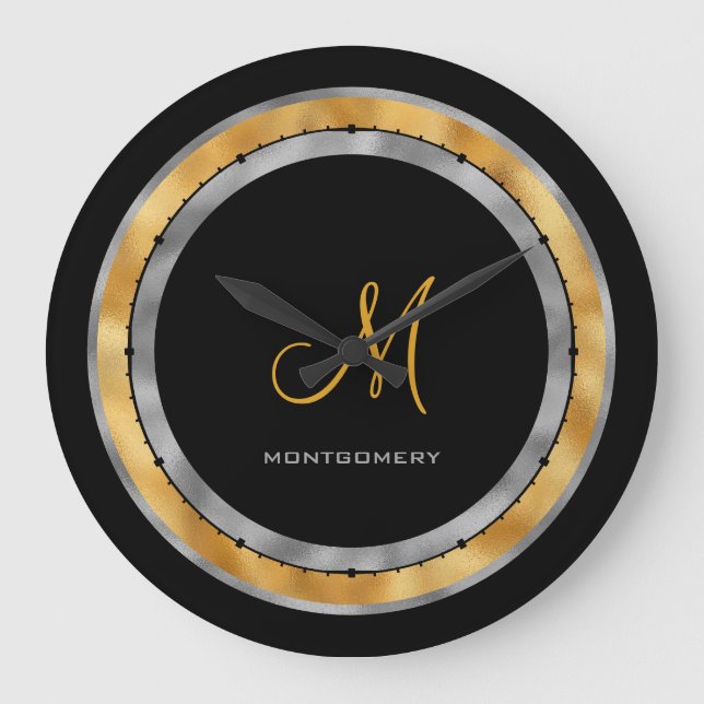 Elegant Black Silver Gold Foil Custom Monogram Large Clock (Front)