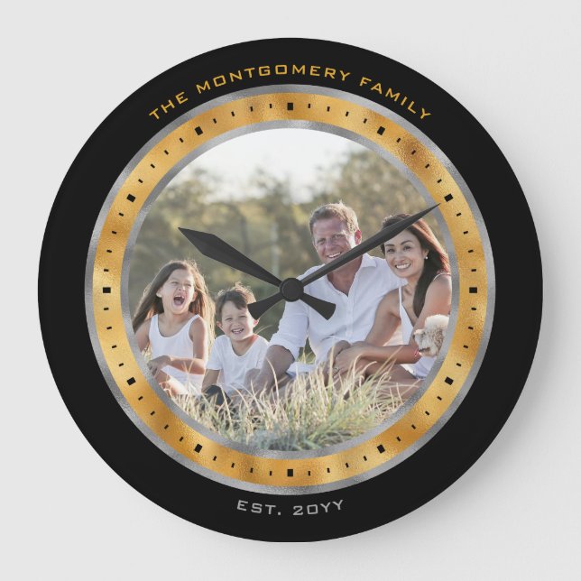 Elegant Black Silver Gold Foil Custom Name Photo Large Clock (Front)