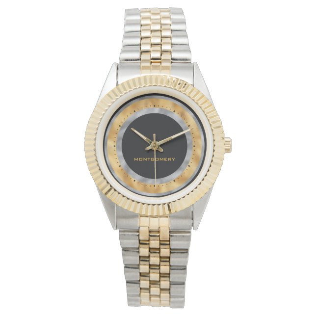 Elegant Black Silver Gold Foil Personalised Watch (Front)