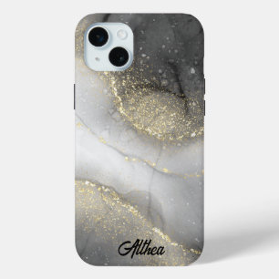 Elegant Black Silver Gold Marbled Custom Name iPhone 15 Mini Case