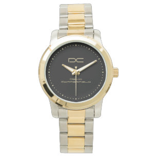 Elegant Black Silver Gold Monogrammed Two-Tone Watch
