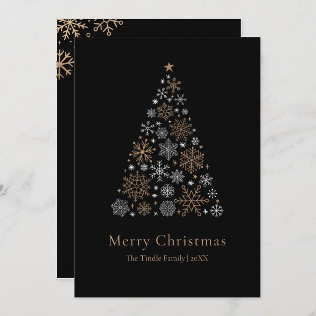 Elegant Black Silver Gold Script Christmas Tree Holiday Card (Front/Back)