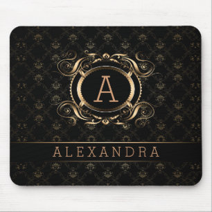Elegant Black & Silver Grey Baroque Floral Frame Mouse Pad