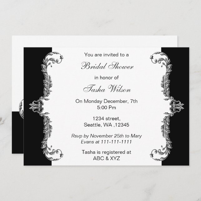 Elegant black silver grey Bridal Shower Invites (Front/Back)