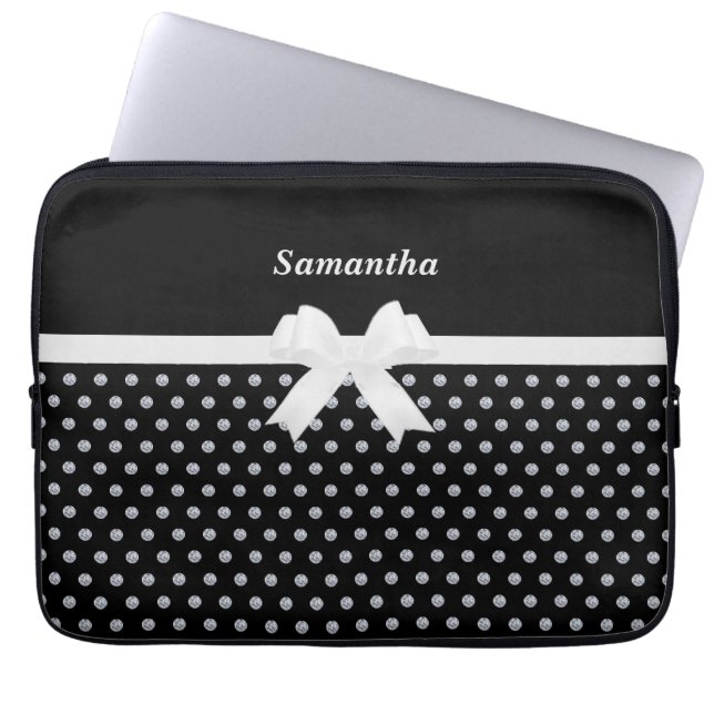 Elegant Black & Silver Grey Diamonds Laptop Sleeve (Front)