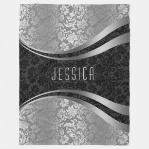 Elegant Black & Silver Grey Floral Damasks Fleece Blanket