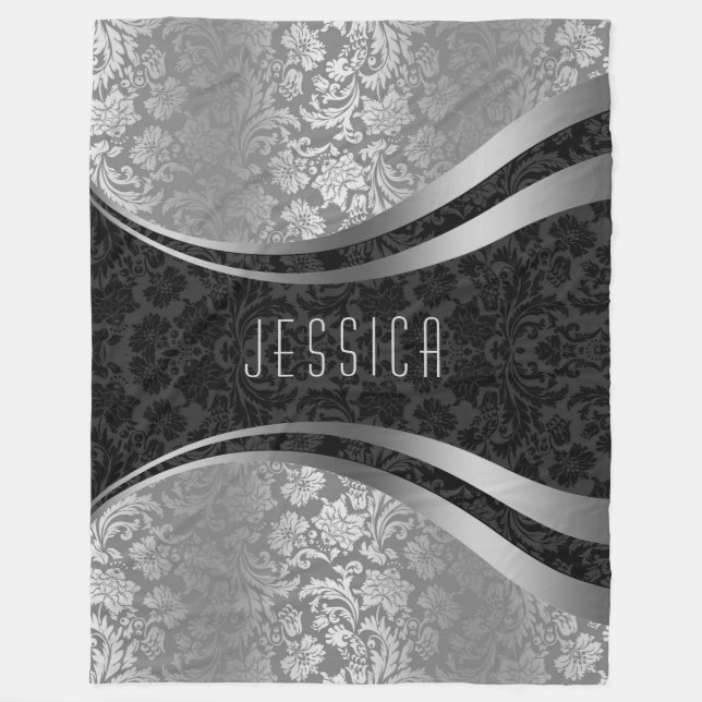 Elegant Black & Silver Grey Floral Damasks Fleece Blanket (Front)