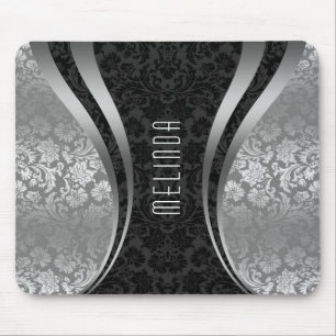 Elegant Black & Silver Grey Floral Damasks Mouse Pad