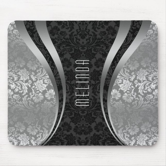 Elegant Black & Silver Grey Floral Damasks Mouse Pad (Front)