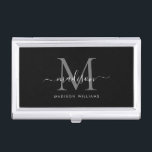 Elegant Black Silver Grey Monogram Script Name Business Card Holder<br><div class="desc">Elegant Black Silver Slate Grey Monogram Girly Script Name Business Card Case</div>