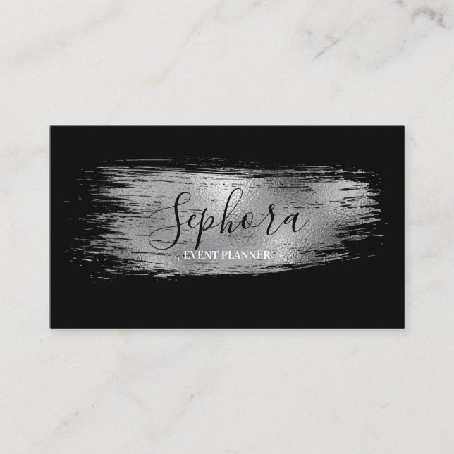 Elegant Black - Silver Metallic Foil Paint Stroke Business Card (Front)