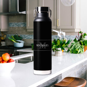 Elegant Black Silver Monogram Custom Name Water Bottle